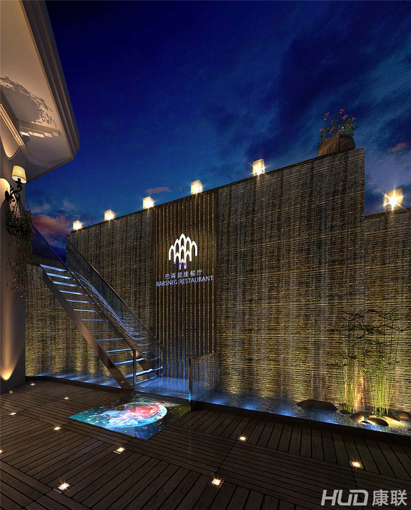 广州巴森星座餐厅设计楼梯水景效果图